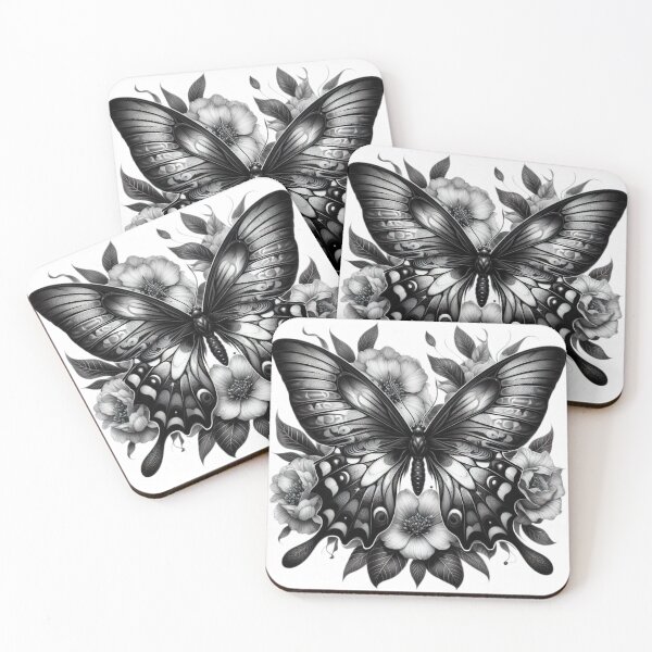 Item preview, Butterfly with white flowers black and white sketch tattoo designed and sold by Expressions-Sel.