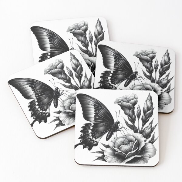 Item preview, black butterfly with white flower black and white sketch tattoo designed and sold by Expressions-Sel.