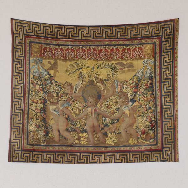 Item preview, Six Putti Dancing Around a Globe and a Palm ,Gold Yellow Brown Floral Renaissance Tapestry designed and sold by BulganLumini.