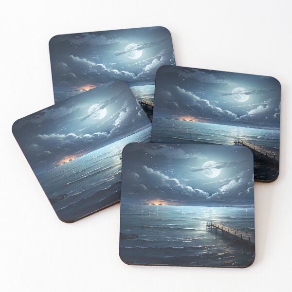 Item preview, Wooden pier Ocean view at night with moon - Acrylic wildlife painting designed and sold by TheArtistOf2022.