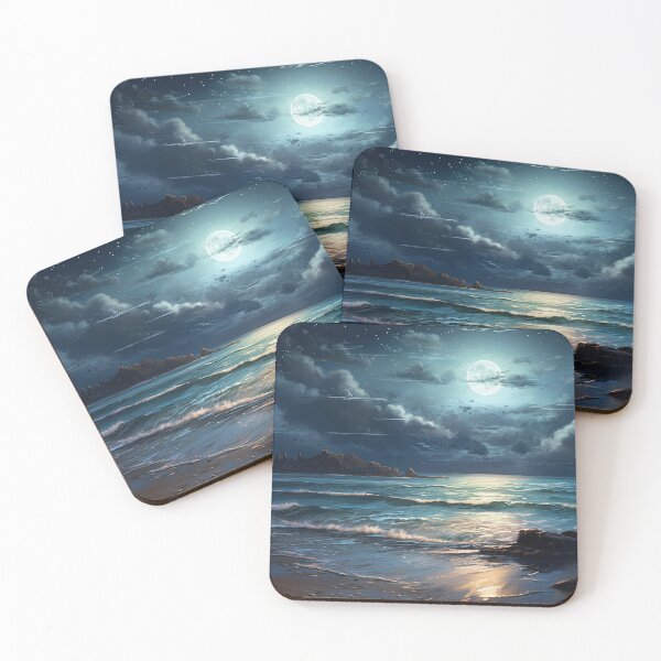 Item preview, Sandy beach Ocean view at night with moon - Acrylic wildlife painting designed and sold by TheArtistOf2022.