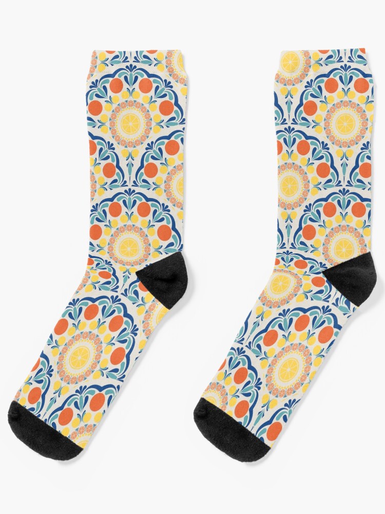 Socks, Aegean Summer Oranges And Lemons Art Deco Scallop designed and sold by Triplicate Limited