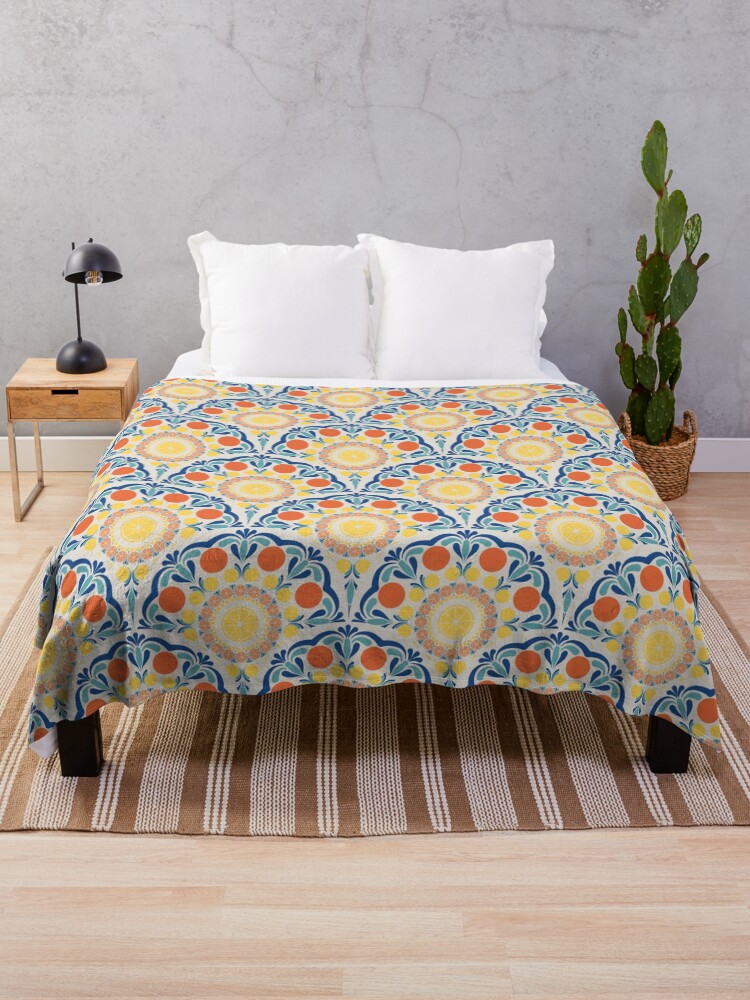 Throw Blanket, Aegean Summer Oranges And Lemons Art Deco Scallop designed and sold by Triplicate Limited