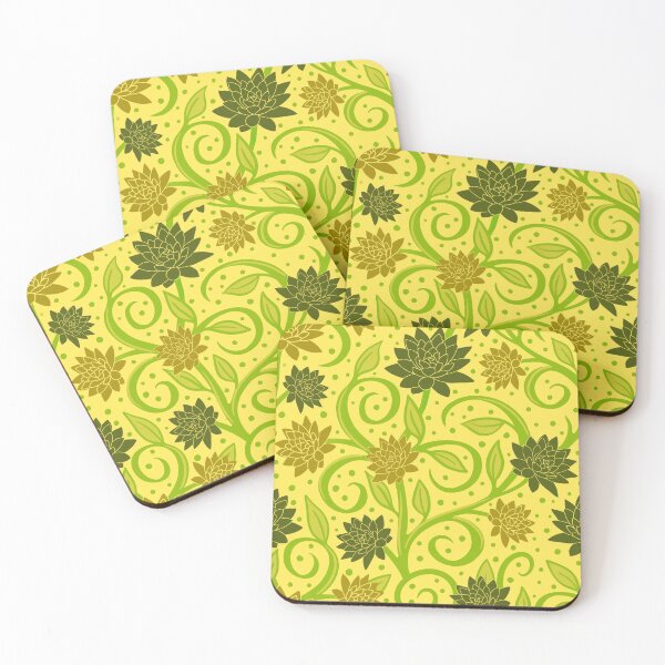 Item preview, Swirly leaves vines and flowers in green on pale lemon background with dots designed and sold by MarySchwindt.