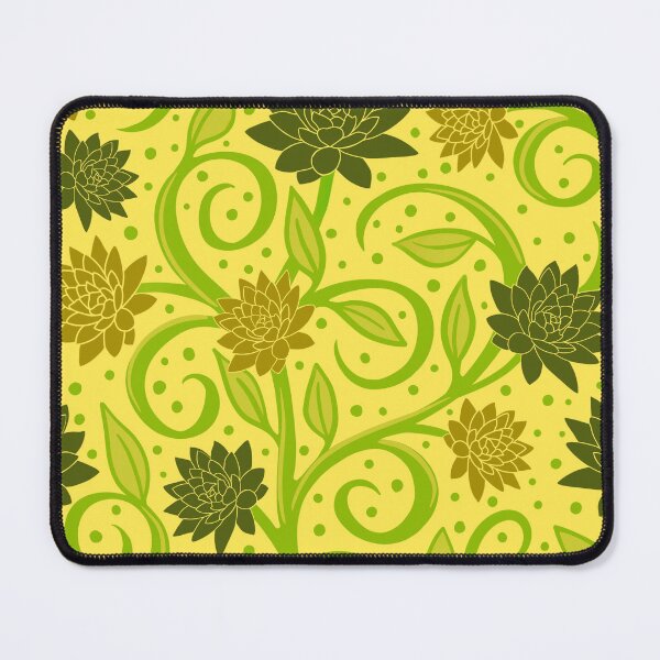 Item preview, Swirly leaves vines and flowers in green on pale lemon background with dots designed and sold by MarySchwindt.