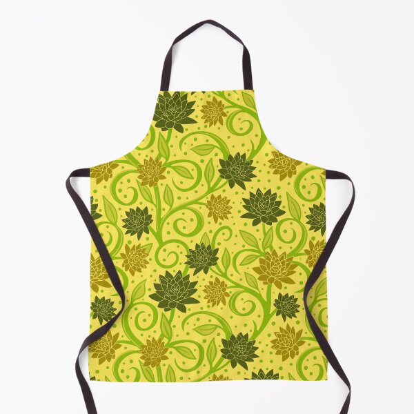 Item preview, Swirly leaves vines and flowers in green on pale lemon background with dots designed and sold by MarySchwindt.