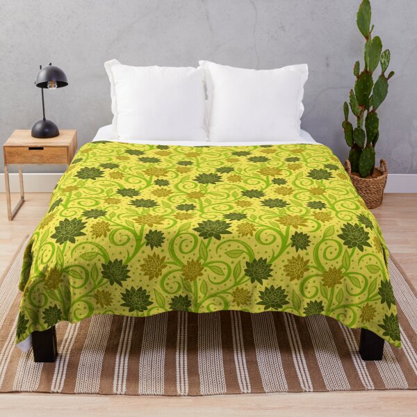 Item preview, Swirly leaves vines and flowers in green on pale lemon background with dots designed and sold by MarySchwindt.