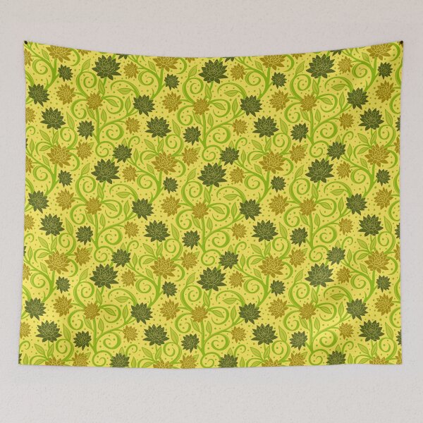 Item preview, Swirly leaves vines and flowers in green on pale lemon background with dots designed and sold by MarySchwindt.