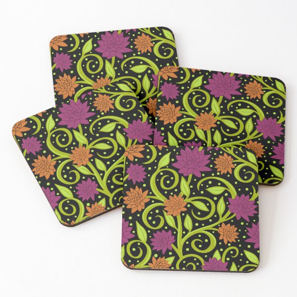 Item preview, Swirly leaves vines and flowers in green on black background with dots designed and sold by MarySchwindt.