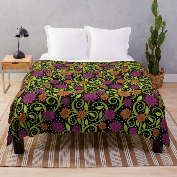 Item preview, Swirly leaves vines and flowers in green on black background with dots designed and sold by MarySchwindt.