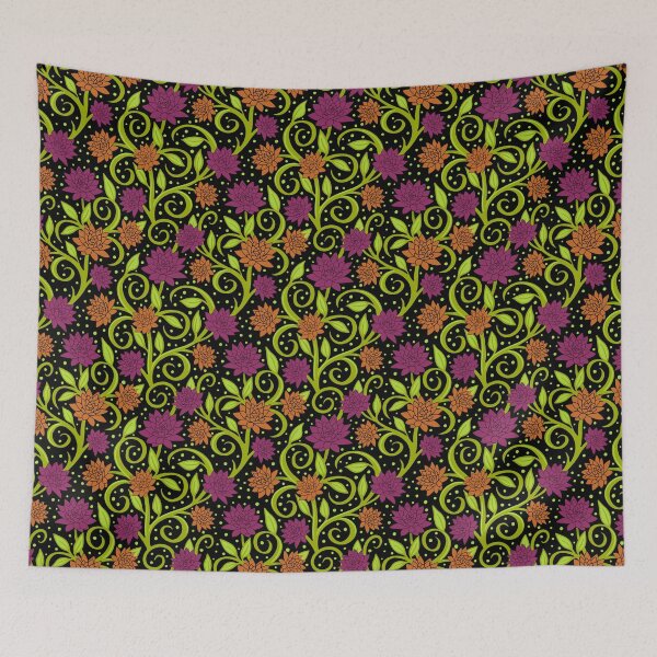 Item preview, Swirly leaves vines and flowers in green on black background with dots designed and sold by MarySchwindt.