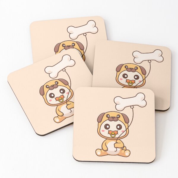 Item preview, Cute Baby Wearing Pug Dog Costume with Bone Balloon Cartoon Vector Icon Illustration designed and sold by hjian8219.