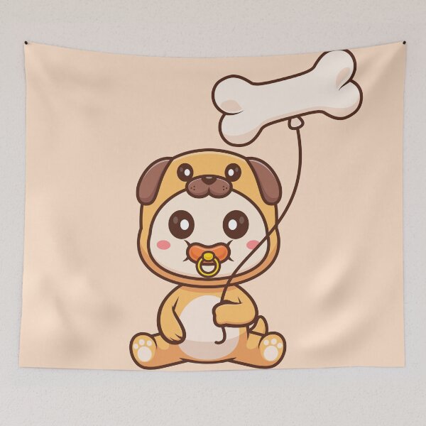 Item preview, Cute Baby Wearing Pug Dog Costume with Bone Balloon Cartoon Vector Icon Illustration designed and sold by hjian8219.
