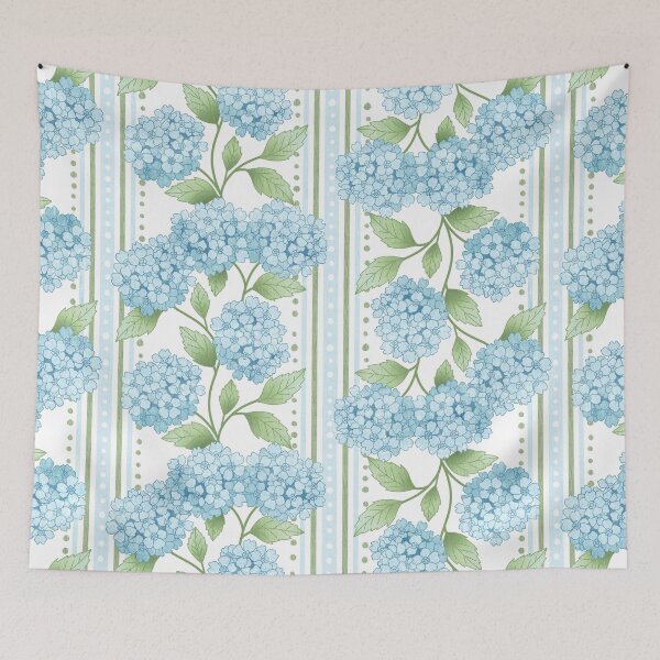 Item preview, Preppy Pastel Blue Hydrangea Floral on French Ticking  designed and sold by Perrin Le Feuvre.