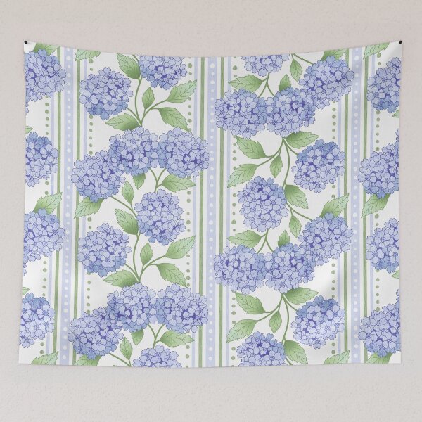 Item preview, Preppy Pastel Purple Hydrangea Floral on French Ticking  designed and sold by Perrin Le Feuvre.