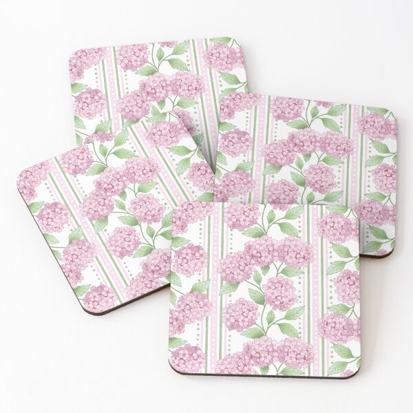 Item preview, Preppy Pastel Pink Hydrangea Floral on French Ticking  designed and sold by Perrin Le Feuvre.