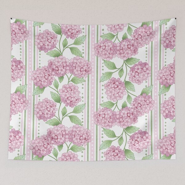 Item preview, Preppy Pastel Pink Hydrangea Floral on French Ticking  designed and sold by Perrin Le Feuvre.