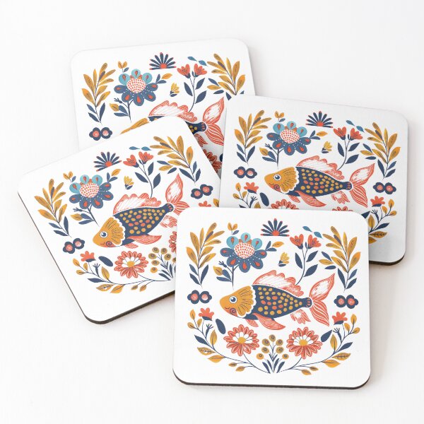 Item preview, A vibrant illustration of an orange fish surrounded by colorful flowers and leaves in a decorative pattern. designed and sold by primtawan.