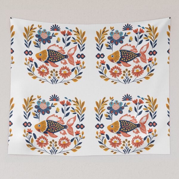 Item preview, A vibrant illustration of an orange fish surrounded by colorful flowers and leaves in a decorative pattern. designed and sold by primtawan.