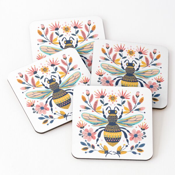 Item preview, Colorful floral illustration of a bee surrounded by vibrant flowers and leaves in a symmetrical design. designed and sold by primtawan.