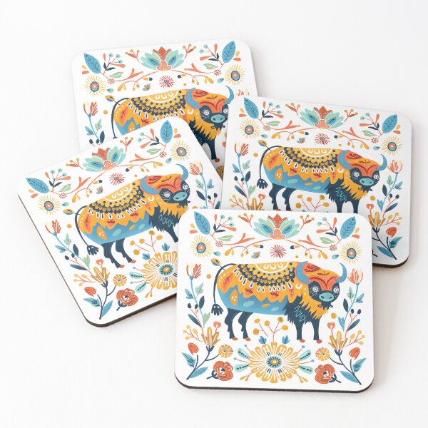 Item preview, Colorful folk art illustration featuring a decorative buffalo surrounded by vibrant flowers and intricate patterns. designed and sold by primtawan.