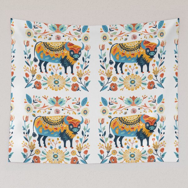 Item preview, Colorful folk art illustration featuring a decorative buffalo surrounded by vibrant flowers and intricate patterns. designed and sold by primtawan.