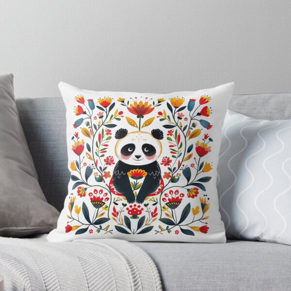 Item preview, Colorful folk art illustration featuring a panda surrounded by vibrant flowers and leaves. designed and sold by primtawan.