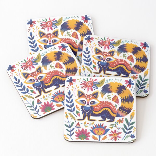Item preview, Colorful folk art illustration featuring a whimsical fox surrounded by vibrant flowers and leaves. designed and sold by primtawan.