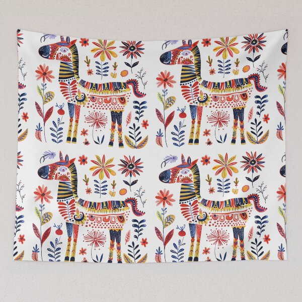 Item preview, Colorful folk art illustration of a patterned horse surrounded by vibrant flowers and leaves with intricate details. designed and sold by primtawan.