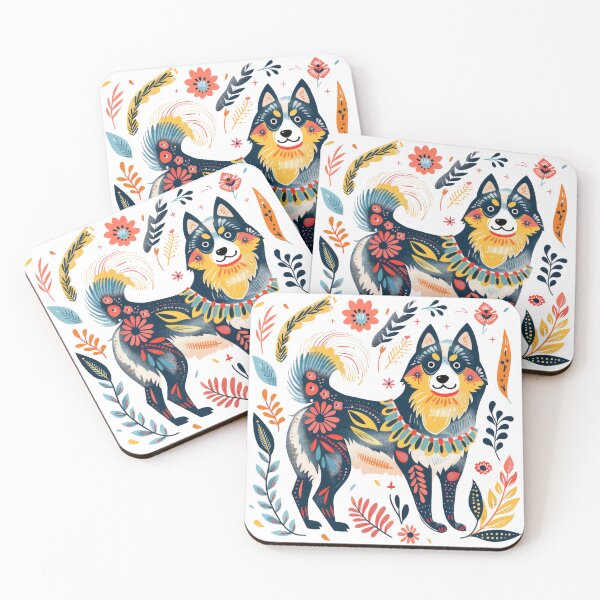 Item preview, Colorful folk art illustration of a whimsical dog surrounded by vibrant floral patterns in a playful design. designed and sold by primtawan.