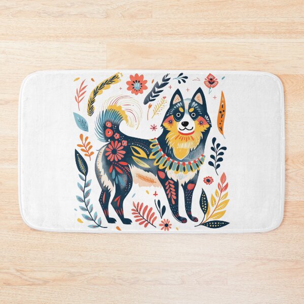 Item preview, Colorful folk art illustration of a whimsical dog surrounded by vibrant floral patterns in a playful design. designed and sold by primtawan.