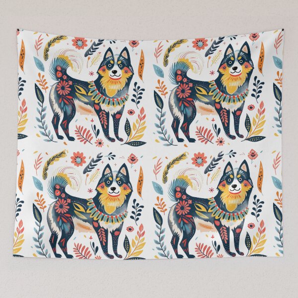 Item preview, Colorful folk art illustration of a whimsical dog surrounded by vibrant floral patterns in a playful design. designed and sold by primtawan.