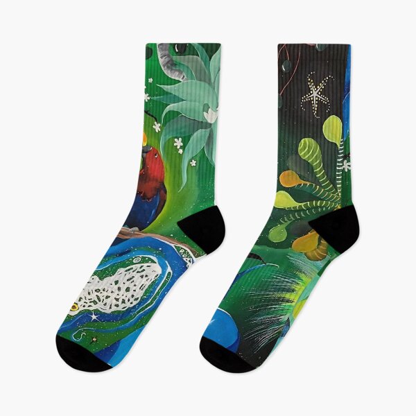 Item preview, Paradise island with parrots, vibrant dreamy green tropical forest with birds designed and sold by GabiVitryArt.
