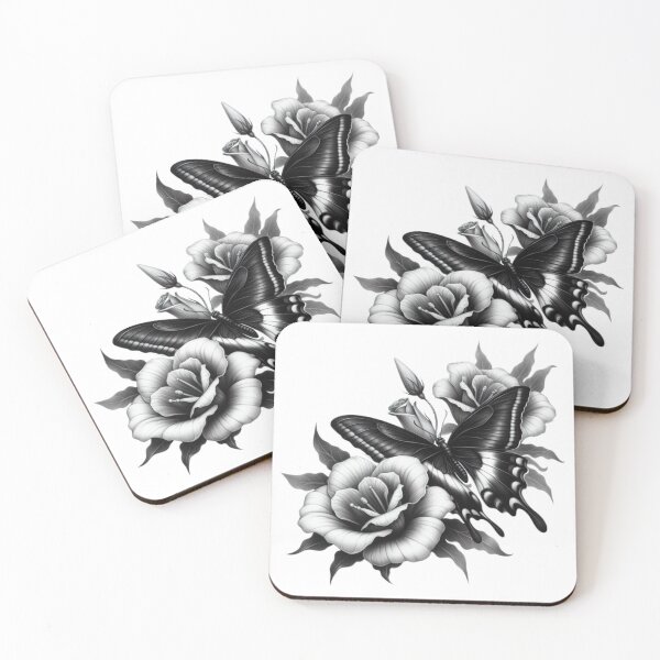 Item preview, Butterfly with white flowers black and white sketch tattoo designed and sold by Expressions-Sel.