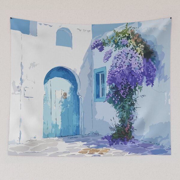 Artikelvorschau, Traditionelles tunesisches Haus mit Blumen Kunstdruck, nordafrikanisches Wanddekor, tunesisches Architekturposter, Blumenkunstwerk entworfen und verkauft von vinciellastudio.