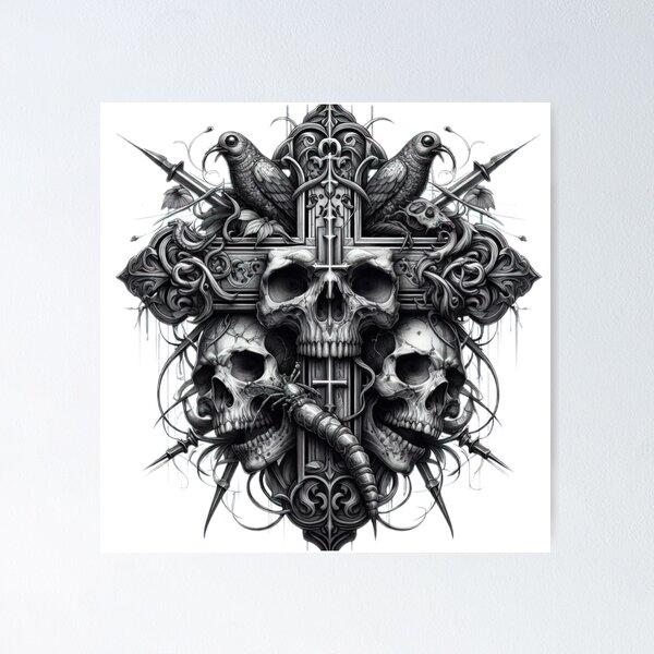 Item preview, cross with skulls and spikes black and white sketch tattoo designed and sold by Expressions-Sel.