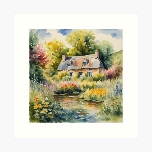 Aperçu de l'œuvre Cotswold Cottage en été aquarelle créée et vendue par MeadowFarmPrint.