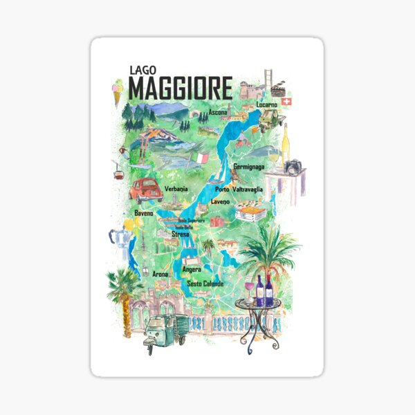 Lago Maggiore Illustrated Travel Map with Roads and Highlights in Italy and Switzerland Sticker
