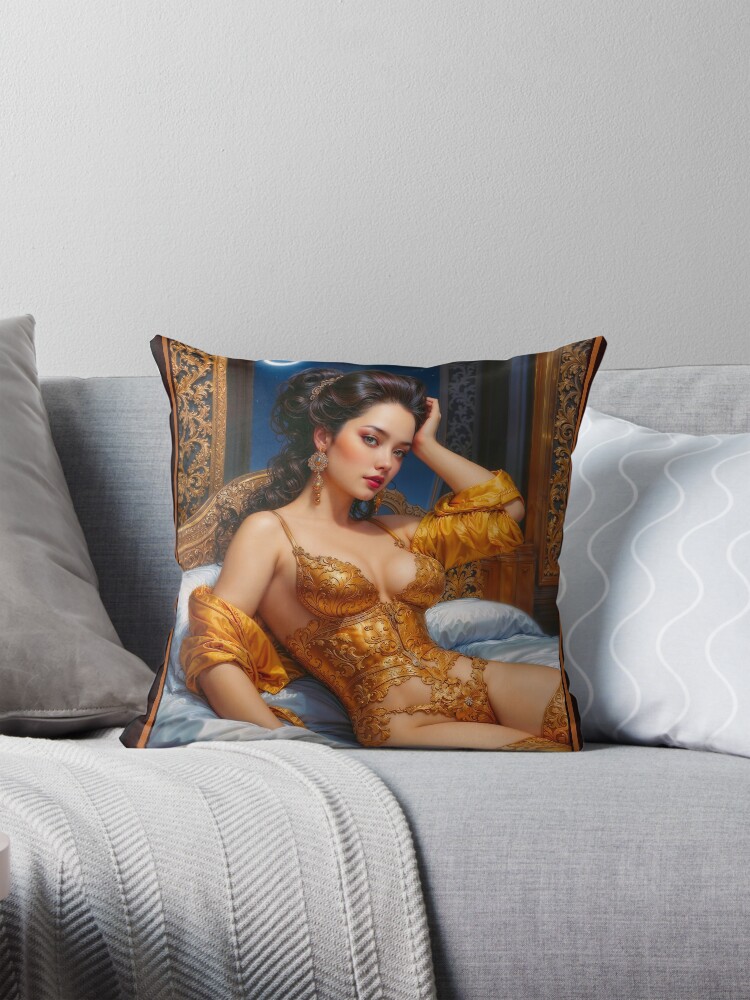 An Enchanting Woman In Opulent Golden Lingerie Under A Moonlit Night Alluring AI Concept Art by Xzendor7 Decorative Art Print Throw Pillow