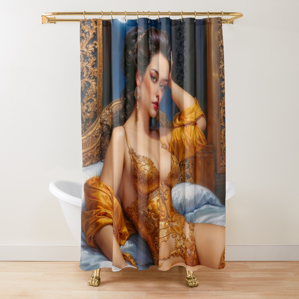 An Enchanting Woman In Opulent Golden Lingerie Under A Moonlit Night Alluring AI Concept Art by Xzendor7 Decorative Art Print Shower Curtain
