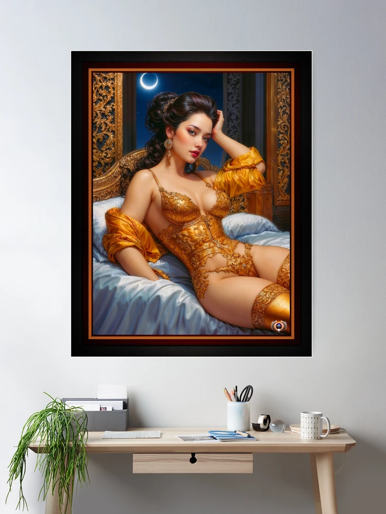 An Enchanting Woman In Opulent Golden Lingerie Under A Moonlit Night Alluring AI Concept Art by Xzendor7 Wall Decor Poster Art Print