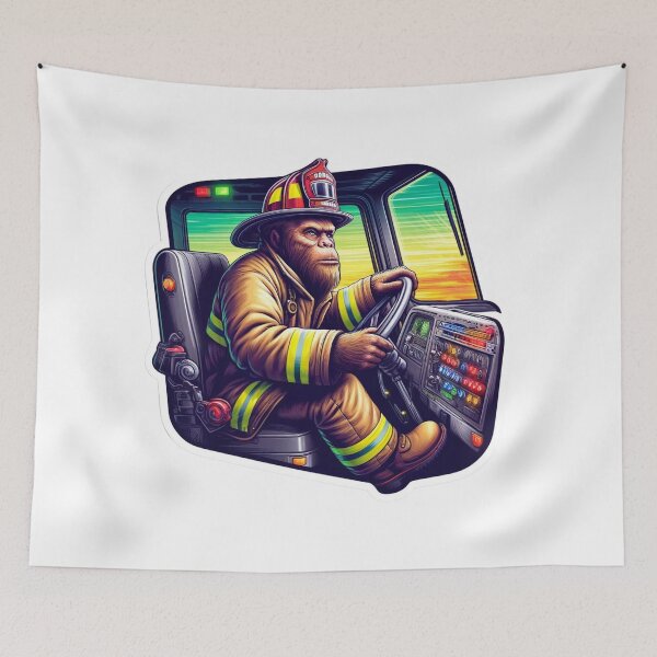 Item preview, Bigfoot as a Firefighter Engineer in bunker gear driving a fire truck designed and sold by BrinaandPops.