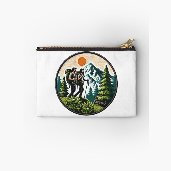 Item preview, The graphic portrays a couple of people with backpacks hiking through a mountainous landscape. designed and sold by VisualHut.
