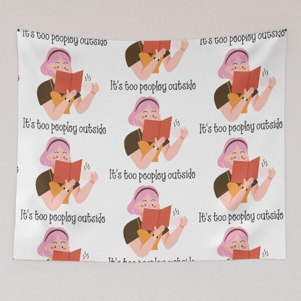 Item preview, It's too peopley outside - pink hair woman reading book and coffee designed and sold by EmeraldeaArt.