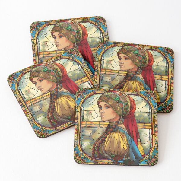 Item preview, Stained glass artwork of woman in traditional attire. designed and sold by Artessie.