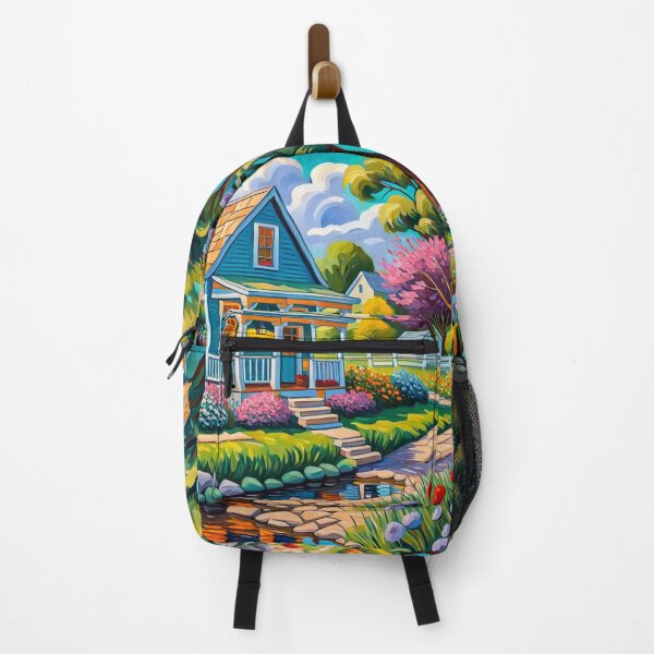 Item preview, Painting of A Beautiful Blue Country Tiny House Nearby a Small River With Colorful Flowers Garden and Trees - Museum Epic, Expressionist Oil Painting designed and sold by MyArt23.