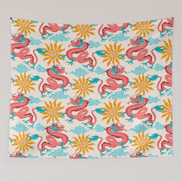 Item preview,  Asian flying dragons in the clouds sky and sunny flowers pattern designed and sold by artgeige.