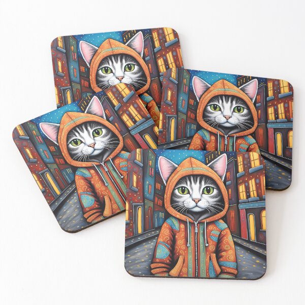 Item preview, Folk Art apprehensive Kitten wearing a hoodie in a big city back alley designed and sold by Colin Bentham.