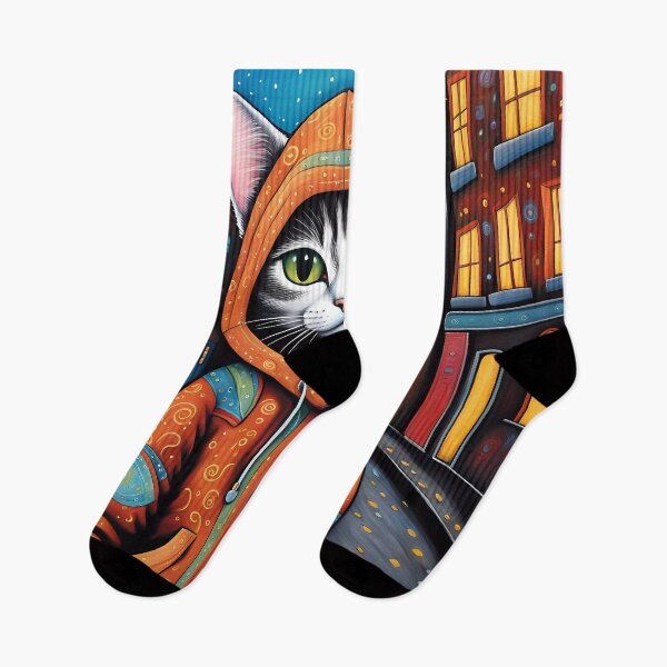 Item preview, Folk Art apprehensive Kitten wearing a hoodie in a big city back alley designed and sold by Colin Bentham.