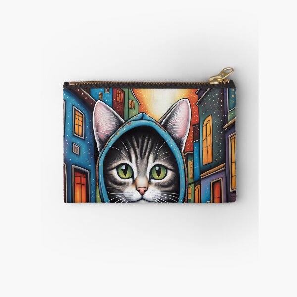 Item preview, Folk Art apprehensive Kitten wearing a hoodie in a big city back alley designed and sold by Colin Bentham.